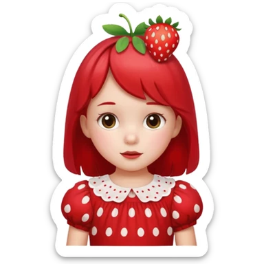Little girl in red dress with white polka dots and strawberry on the right side of her head sticker