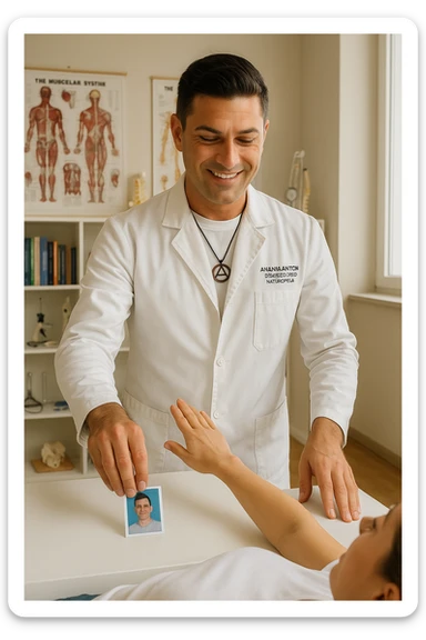 a middle-aged man, dressed in casual professional attire, is in a bright, organized therapy studio. Durante una visita di kinesiologia, il praticante tiene con una mano la foto di una persona lontana (il “testimone”) appoggiata su un tavolo, mentre con l’altra mano esegue un test muscolare su un cliente presente. Sullo sfondo si vedono libri di kinesiologia, poster anatomici e strumenti tipici della disciplina. L’atmosfera è concentrata e serena, con luce naturale che entra dalla finestra, sottolineando l’aspetto alternativo e umano della pratica. sticker