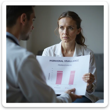 hyperrealistic 4K image of a woman with hormonal imbalance sitting in front of a doctor showing a chart with altered estrogen and progesterone levels, labels 'Estrogeni' and 'Progesterone' clearly visible, serious expression sticker
