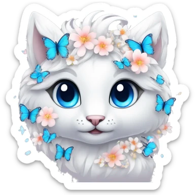 Edgy Cute Cool Kawaii gorgeous sparkly ethereal white fantasy animal with blue eyes sona with flowers and butterflies sticker