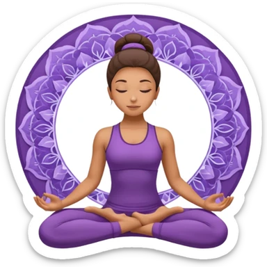 A woman in a purple yoga outfit resting in child’s pose, peaceful feeling, gentle mandala texture in background. sticker