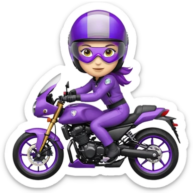 Créer un emoji avec une moto mt07 sport noir mate / violet iridescent très foncé, pare-brise de la moto violet. Avec une femme pilote dessus, visage masqué par la visière violette . Avec en arrière plan cercle violet. sticker