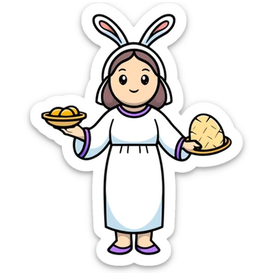 Feminine spring goddess Eostre with halo, Easter bunny, and Passover matzo symbols combined in one harmonious design sticker
