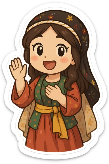cartoon Kurdish woman in traditional Kurdish clothing greeting with hand raised or hand on chest, colorful and cheerful, no text, sticker style suitable for WhatsApp and Instagram sticker