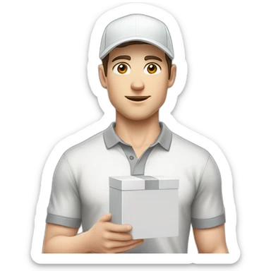 Pale skinned fit Man with dark brown hair in a white cap, gray jeans and gray polo T-shirt keeping a pasted with tape white box into his hands sticker