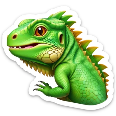 Cinematic Realistic Cute Iguana Portrait Emoji, Head tilted playfully and inquisitively, featuring a compact, agile build with a glossy, intricately scaled body in vivid green hues and a characteristically expressive face with bright, curious amber eyes, rendered in lifelike detail with natural highlights, high shine, affectionate and lively, styled with a touch of tropical whimsy, soft glowing outline, capturing the essence of a mischievous yet lovable iguana that seems poised to scurry out of the screen into your arms! sticker