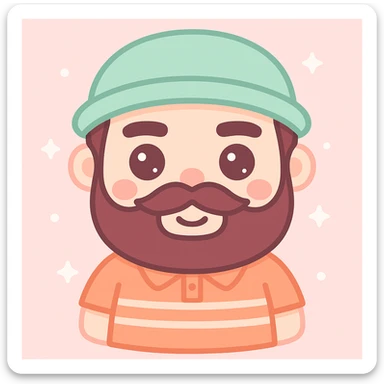 Make the character resemble the man in the reference photo more closely, focusing on facial features, eyebrows, beard and mustache shape, hat, and shirt details. Use a kawaii style that is cute and detailed. sticker