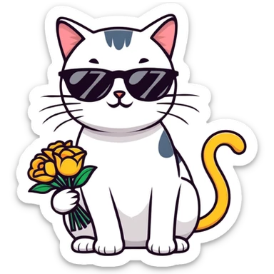 cat wearing sunglasses holding a bouquet of flowers sticker