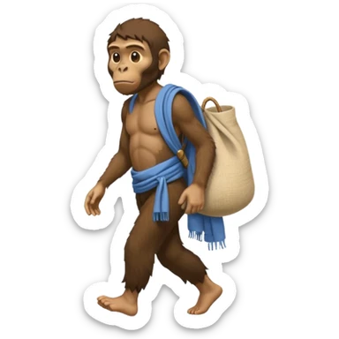 Draw an Australopithecus walking like a nomad, carrying a cloth bundle over its shoulder, in a cute flat iPhone emoji style sticker