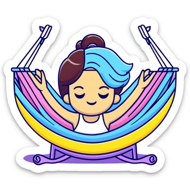 cartoon emoji of a witty girl with two-toned hair, strong outline, expressive face, pastel and vibrant accents, subtle Gemini accent, two-sided expression, hint of yoga hammock, stars, magical and humorous sticker