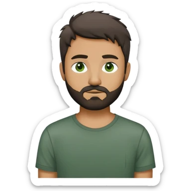 man with dark messy short hair, dark green eyes, gray T-shirt, and short beard sticker