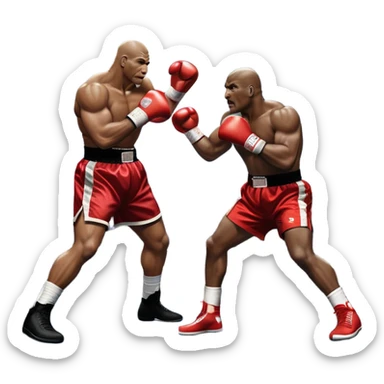 An intense boxing match between Mike Tyson and Evander Holyfield in the ring. Tyson is delivering a powerful uppercut, while Holyfield is poised for a counterattack. The background features a packed arena with bright lights and electrifying atmosphere. Transparent background sticker
