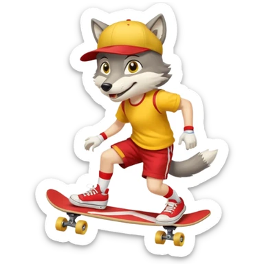A gray wolf with large, expressive eyes and a friendly smile. The gray wolf is wearing a bright yellow T-shirt, red shorts, white knee socks, and sneakers. The baseball cap is on backwards. The wolf is preparing to perform a skateboarding trick. sticker