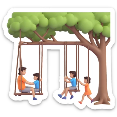 A person pushing a swing with a child sitting on it, outdoors, under a tree, in daylight. The swing is moving back and forth. Focus on the motion of swinging and the person gently pushing it sticker