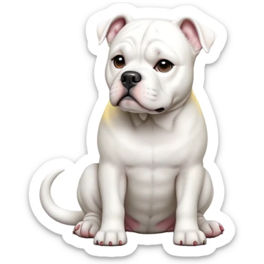 cinematic-[solid white american bulldog]-realistic-full-body-sitting-emoji,-tail-resting-loosely-beside-its-paws,-head-tilted-dramatically,-sleek-[solid white]-fur,-simplified-yet-realistic-focused-features,-highly-detailed,-glowing-with-an-almost-sarcastic-glow sticker
