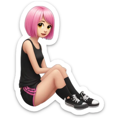 full body Front view emo girl sits on the floor black skirt pink knickers sticker