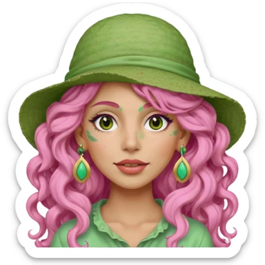 pink haired very long curly haired woman with full full face light green clay mask  and big earrings and hat with full face clay mask sticker