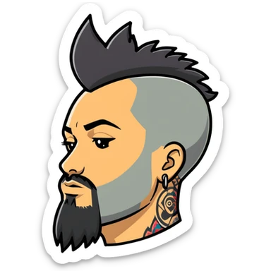 head of a white man with a goatee, mohawk, earring, and head tattoo sticker