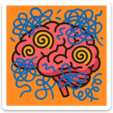 brain with spirals and chaotic lines, showing confusion and mental overload, brainrot theme sticker