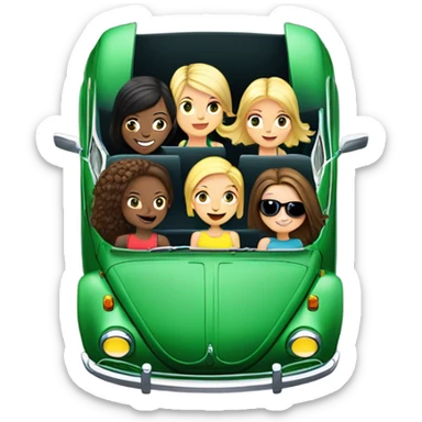 Two Caucasian blonde girls plus two Caucasian brunette girls in a green VW beetle convertible sticker