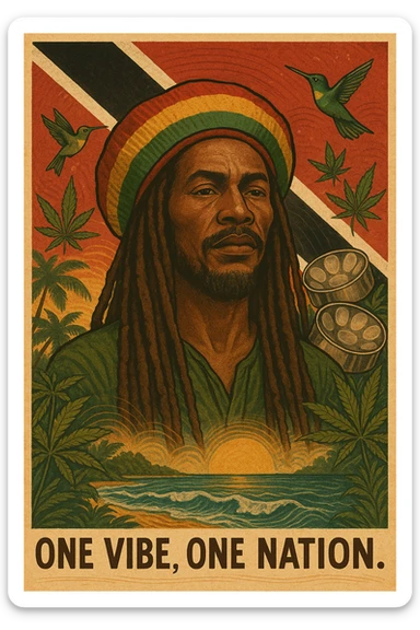 Create a vibrant digital illustration in vintage poster style featuring a proud Trinidadian Rasta man with long dreadlocks and a bold red, gold, and green tam. The background should incorporate the Trinidad and Tobago flag in a stylized, textured way — using deep red, black, and white tones that blend with tropical elements. Surround the figure with iconic cultural symbols like steelpan drums, ganja leaves, and hummingbirds in flight. Add warm Caribbean sunlight, ocean waves, and lush greenery to enhance the island energy. The Rasta man should radiate peace, power, and island wisdom — with bold facial features, calm expression, and a sense of spiritual presence. The overall tone should be rootsy, regal, and rich with island soul — merging reggae culture with Trinidadian pride. Optional accents: subtle soca rhythm lines in the background or a quote like “One Vibe, One Nation.” sticker