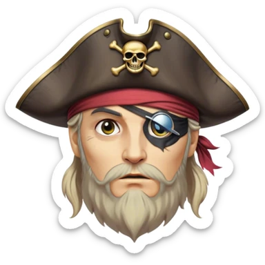 Clash of Clans aesthetic friendly Pirate Portrait Emoji, With a rugged yet stylized build featuring a weathered tricorn hat, a bold eye patch, and a determined, adventurous gaze, his face rendered in a natural skin tone (not yellow), Simplified yet sharply defined features, highly detailed, glowing with a cool, briny radiance, high shine, intelligent and daring, stylized with an air of swashbuckling nautical authority, focused and resolute, soft glowing outline, capturing the essence of a confident pirate ready to set sail on epic adventures! sticker