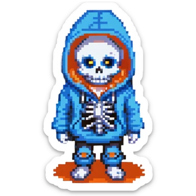 Sans from Undertale with glowing blue eye, skeleton with permanent grin, wearing blue hoodie sticker