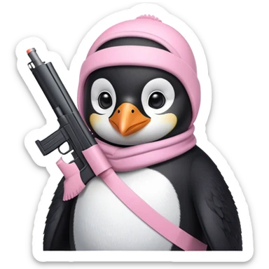 penguin wearing light pink ski mask holding a light pink gun sticker