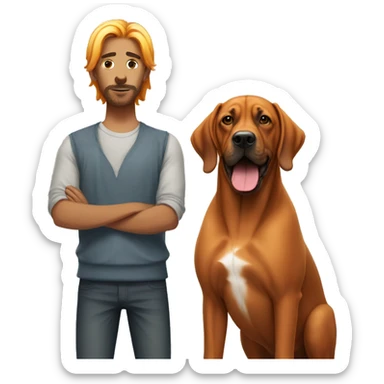 white male with long rainbow colored hair standing alongside a brown rhodesian ridgeback sticker
