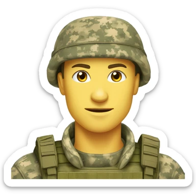 Ukrainian soldier, in camouflage pixel uniformhappy soldier in camouflage sticker