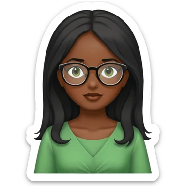 Genera a una chica morena de piel con pelo negro y largo y lentes con vestido verde. sticker