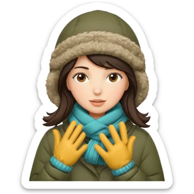Brunette woman bundled up with parka, hat, scarf, and glvoes. The scarf covers her face  sticker