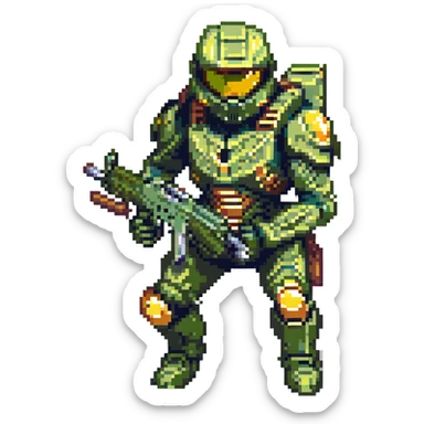 Master Chief, Halo, crouched with assault rifle, green armor, reflective gold visor, action pose, pixel art style sticker