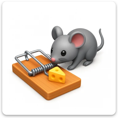 A 3D emoji in iOS emoji aesthetic style of a small mousetrap on a wooden base with a tiny gray mouse approaching a small piece of yellow cheese on it, minimal white background, bright lighting, clean and glossy Apple-style design sticker