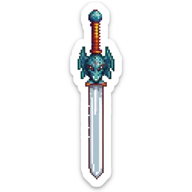 Add a dragon motif to the sword in pixel art style. The dragon design should be on the hilt or blade with no background, keeping pixel art aesthetics and clarity. sticker
