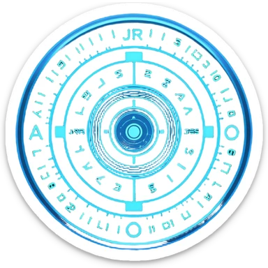 A circular blue holographic interface made of concentric rings, glowing tick marks, and data arcs, with the text “J.A.R.V.I.S.” centered, resembling a futuristic digital HUD floating in space. sticker