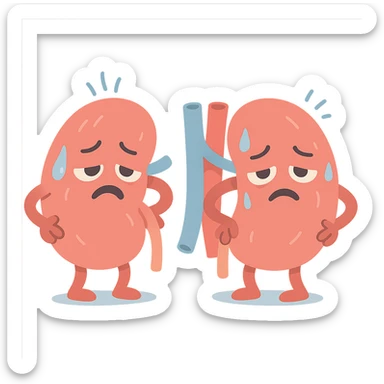 cartoon kidneys with stress lines and sweat, holding their sides, tired eyes, soft blue and pink tones, medical style sticker