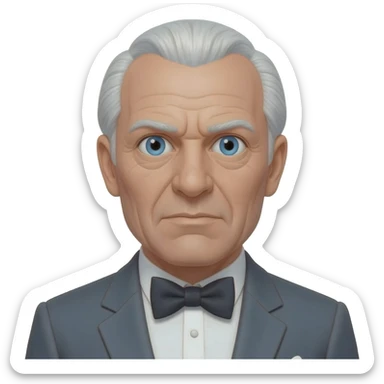 Ernst Stavro Blofeld from James Bond Series with blue eyes, white hair, charcoal gray suit with bow tie sticker