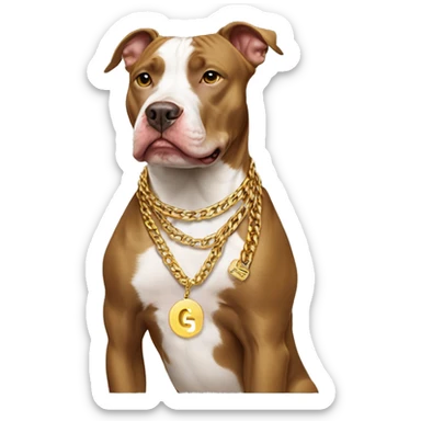 A dog pitbull and wearing big gold chain on that says G pendant  sticker
