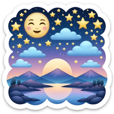 "Design a calming emoji for evening reflection. Soft moonlight, gentle stars, peaceful twilight sky, or spiritual symbols. No people - emphasize tranquil colors, night sky elements, and serene spiritual imagery." sticker