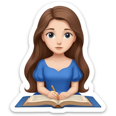 Cinematic Elegant Belle Portrait Emoji, Sitting with an open book, eyes dreamy with thought, her iconic blue village dress draped gracefully, exuding intelligence, kindness, and timeless charm! sticker