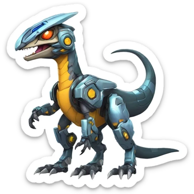 Colorful Edgy Greymon-Velociraptor-Genesect-Fakémon-Pokémon wearing a with a futuristic helmet And Mecha-suit Full Body sticker