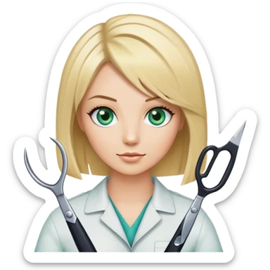 Hair stylist with blonde bob hair and blue green eyes holding scissors  sticker