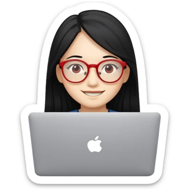 filipino long hair black fair skin with red eyeglasses freelancer with MacBook, smiling. sticker