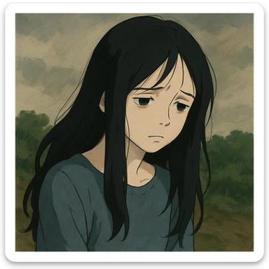 pale girl with long black hair, sadness, emotional, stylized, ghibli style artistic interpretation sticker