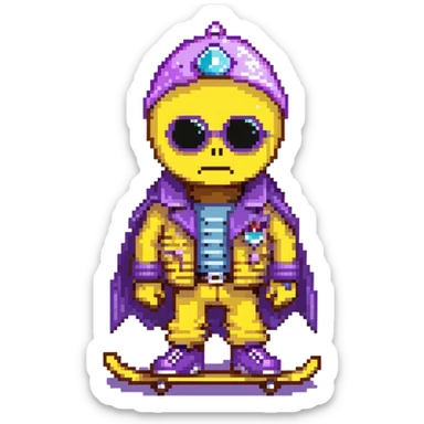 yellow guy showing off his fabulous outfit combining prince, alien, terminator, skater, skiier, and wizard elements, making a weird face, stylish and fabulous sticker