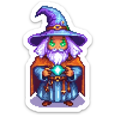 Add a magical glowing aura around the wizard bean casting a spell in pixel art style with no background. sticker