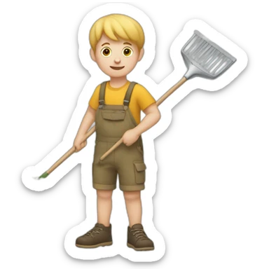 white kid holding a rake with leaves sticker