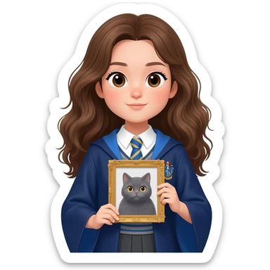 Asian girl with long wavy brown hair and brown eyes wearing Ravenclaw robe from Harry Potter, holding a gray cat sticker