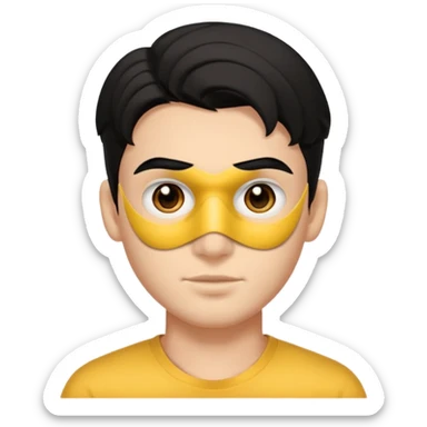 emoji a medio cuarpo, de un joven, con cejas gruesas, nariz medio grande, hombros anchos, sin sonrisa, hombros anchos, cabello medio ondulado con un corte juvenil, cabello negro. ojos negros. sticker